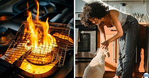 Woman accidentally starts kitchen fire — but the dog's dramatic reaction to suppress it wins the internet