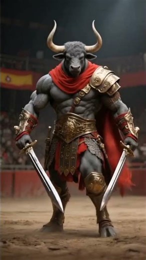 Muscular minotaur gladiator charges, red scarf flying, bronze armor gleaming, dual swords ready.