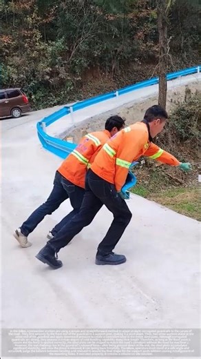 On-site manual cold bending of guardrails for curves.