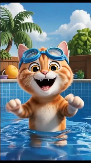 "Cat’s Adventure to the Pool | Cute Pixar-Style 3D " #shorts