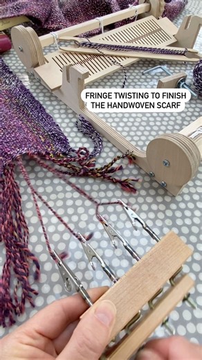 The final step before washing the scarf is to twist the fringes. Fringes can be twisted by hand but I have a fringe twister to do this job. Our rigid heddle looms and other weaving kits are available in our TabbyandTweed website and Etsy shops. #rigidheddlelooms #weaving #twistedfringe #fringetwisting #weavingloom #loom #handwoven #handwovenscarf #rigudheddleloom #rigidheddle #handspunyarn #yarncraft | TabbyandTweed