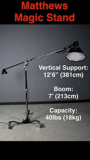 The Magic Stand offers tall rolling support, but also Magically Transforms into Rolling Boom Support!! Add its articulating Magic Finger and its ability to pack up in multiple pieces for travel and adaptability with other standard grip gear, and you have a Truly Magical Support Tool!! Rely on the Original Hollywood Grip Company, beware of imitations! Magic Stand Complete with Runway Base: Max Ht: 150” (3810mm) Min Ht: 54.5” (1384mm) Capacity: 40lbs. (18kg) Weight: 37lbs (17kg) Footprint: 32” (81