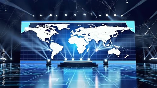 4K modern virtual event stage animated 3D digital world map walls semi-transparent floor. light holographic icons global participants, animated network lines connecting continents, stage. Futuristic