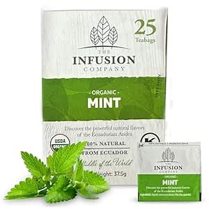 Mint Tea - 25 Organic Mint Tea Bags, Caffeine Free, Sugar Free, Decaf, No Calories & Unsweetened, Refreshing, Individually Wrapped