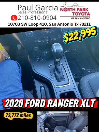 🛻🔥 2020 Ford Ranger RWD 🔥🛻 Midsize power with turbo performance and proven Ford capability. ✔️ 72,772 Miles ✔️ 2.3L EcoBoost I-4 Turbocharged Engine ✔️ 10-Speed Automatic Transmission ✔️ Rear-Wheel Drive (RWD) ✔️ Strong towing and everyday versatility The Ranger XLT delivers the perfect balance of power, efficiency, and durability — great for work, daily driving, or weekend adventures. 📍 North Park Toyota – San Antonio 📞 Paul Garcia | 210-810-0904#FordRanger #RangerXLT #EcoBoost #TruckLife