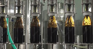 Close-up red wine bottles on the conveyor belt, private wine factory. Filling wine by the machine into bottles. Red wine bottling production line. Slow motion