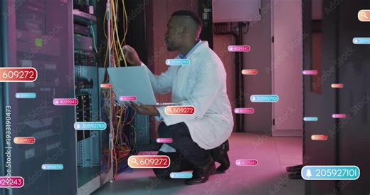 IT tech kneeling in server rack, receiving UI alerts and adjusting cables to resolve network issues
