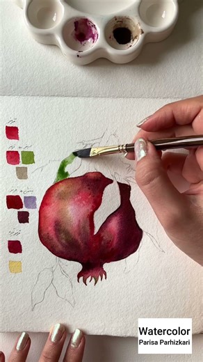 Watercolor pomegranate panting Tutorial / Easy and Satisfying #watercolor #shorts #watercolorart