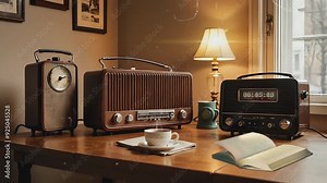 Vintage radios and clock with a cup and open book on a wooden table by the window, creating a warm and nostalgic reading atmosphere.