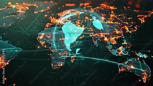 A vibrant map highlighting global connectivity with illuminated lines and regions, showcasing digital communication networks between continents Stock Video