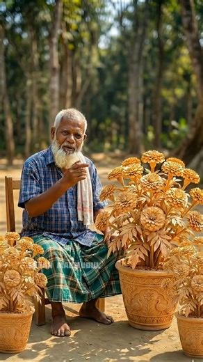 A marigold flower tree made entirely of wood by an old man in the village🌼#woodworking #crafts