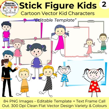 Vector Stick Figure Cartoon Kids 2, Boys & Girls, Editable Designs, PowerPoint