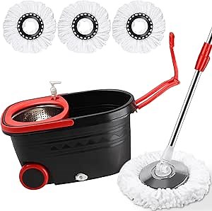 mop and Bucket Set with Wringer - 360° Rotating Mop Bucket Floor Cleaning System on Wheels, 3 Microfiber Mop Refills for Fast Cleaning, Extendable 61"" Stainless Steel Handle, Black&red
