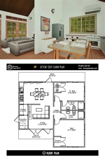 Cozy Cabin House Plan (32x36) – 2 Bed, 2 Bath Rustic Retreat #blueprint #home #floorplan #homeplans