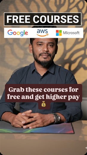 Techmizhan on Instagram: "₹50,000 worth courses FREE from Microsoft, AWS, Google & Databricks 🚀 Learn the right skills, level up yourself, and aim for better pay 💼📈 Upskill today → Grow faster in your IT career 💬 Comment “Courses” to get the details 📩 👉 Follow @techmizhan for exclusive career & upskilling content Keywords [ Free courses, Free cloud courses, AWS free courses, Google Cloud free courses, Amazon AWS courses, Microsoft free courses, Cloud computing free courses, Free IT courses