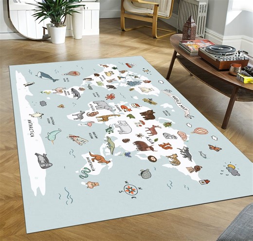 Blue World Map Animals Kids Rug Illustrated Nursery Carpet Educational Playroom - Etsy