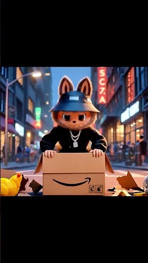 Labubu hiding in Amazon box.