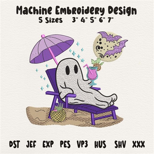 Ghost On Vacation Embroidery Design, Cute Halloween Ghost Embroidery, Funny Spooky Summer Machine Embroidery