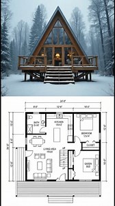 16'x24' Tiny A-Frame Loft Cabin DIY Plans: 1 Bed 1 Bath Modern Architectural #diycottage #SmartLayout #ModernTinyHouse #tinyhouse #floorplan #cabinlife #homedesign #houseplan #aframecabin #dreamhouse | Dream House Designs
