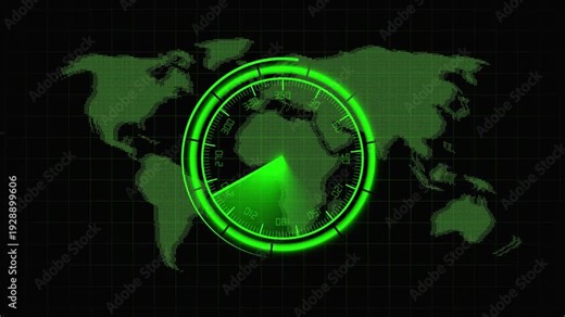 Green digital world map with a circular radar interface displaying geographical coordinates animated