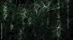 Zoom in road map of Birmingham United Kingdom with green glowing roads on a black background.