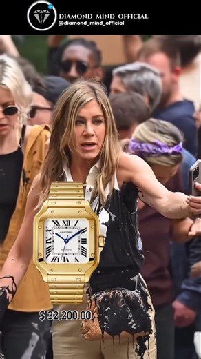 DIAMOND 💎 on Instagram: "[FOLLOW FOR MORE]🙏🏼 Hollywood actress Jennifer Aniston was pelted with black oil on the streets of New York while filming her series 'The Morning Show' She wore a classic 18k yellow gold Santos de Cartier Medium size featuring a mechanical movement with automatic winding, calibre 1847 MC and silvered opaline dial, blued-steel sword-shaped hands, sapphire crystal ref WGSA0030. Also wore the 'The Mini Pouch' by Bottega Veneta completely ruined and priced $3,000.00 Price