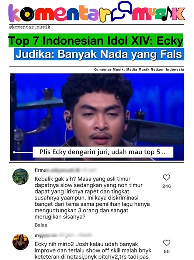 Ecky Dikritik Juri di Top 7 Indonesian Idol XIV: Disebut Banyak Nada Fals, Penampilan Picu Perdebatan KOMENTAR MUSIK •• Penampilan Ecky di babak Top 7 Indonesian Idol musim XIV menjadi salah satu momen yang paling ramai diperbincangkan. Tampil berkolaborasi dengan The Bakuucakar, Ecky membawakan lagu “Tor Monitor Ketua (Orang Baru Lebih Gacor)” dengan konsep unik yang memadukan vokal, beatbox, hingga aksi panggung yang enerjik. Namun di balik konsep yang segar dan penuh eksplorasi tersebut, krit