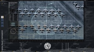 Spy Satellite Surveillance System Location Tracking Process. Surveillance Tracking During Military Operation. Surveillance Software Tracking Military Air Base Location Focusing On Rows Of Airplanes.