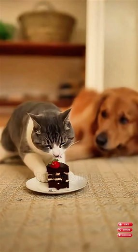 The Dog Approaches as the Cat Pauses Eating, and the Dog Walks Off #animal #pet #funny