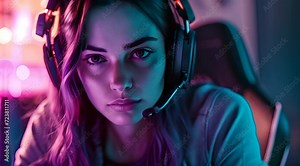 Gamer Girl Streaming on Twitch With Headphones in Gaming Room