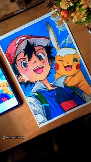 Aah & Pikachu Colour Drawing 😍 Pokemon Art ✍️ #shorts #art #ashpikachu #drawing #pokemon