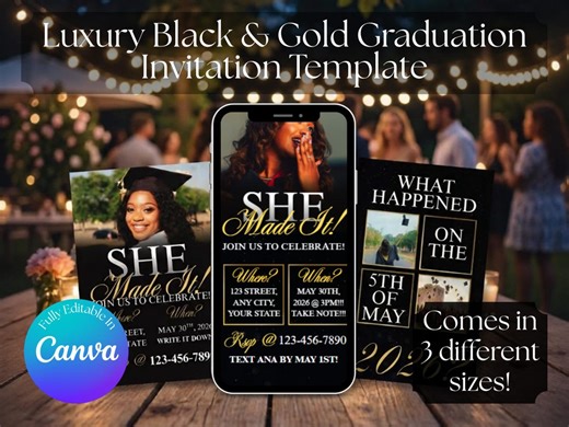 Modern Black & Gold Graduation Invitation | Bold Photo Grad Invite | Editable Canva Template - Etsy