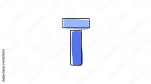 Letter T. 4K video. Blue font animated isolated on clear white background. Contrasting symbol, moving mobile form, black outline. Capital Letter T for software, user interface, mobile app, game.