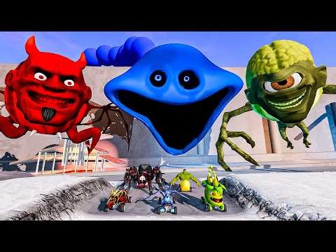 ALL MONSTERS Big & Small Cars with RED DEMON & BLUE SMILE WORM & BRAIN CYCLOPS - BeamNG.Drive