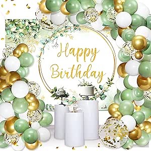 136Pcs Sage Green Birthday Decorations for Girls Women Green Gold Happy Birthday Party Banner Olive Greenery Balloons Garland Arch Kit Eucalyptus Leaves Decor Baby Shower Backdrop Christmas Supplies