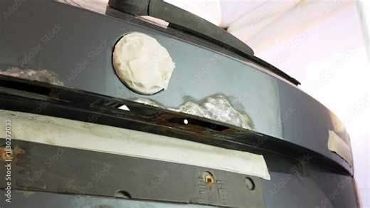 Close up footage of rust on the trunk of a car, on the back door, old vehicle, car repair at service, slow motion, pedestal shot