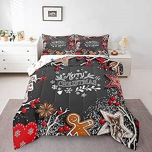 Erosebridal Merry Christmas Bedding Set King, Xmas Festival Comforter Set Red Cartoon Flower Branches Duvet Sets for Kids Girls Boys Children, Kawaii Down Comforter Bedroom Decor