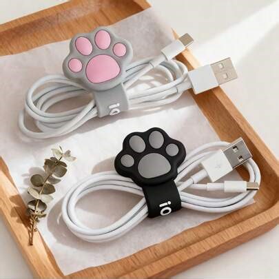 2pcs Cartoon Cat Paw Pattern Cable Organizer | Silicone, Portable And Practical Earphone And Charging Cable, Spiral Design, Desktop Accessory | SHEIN