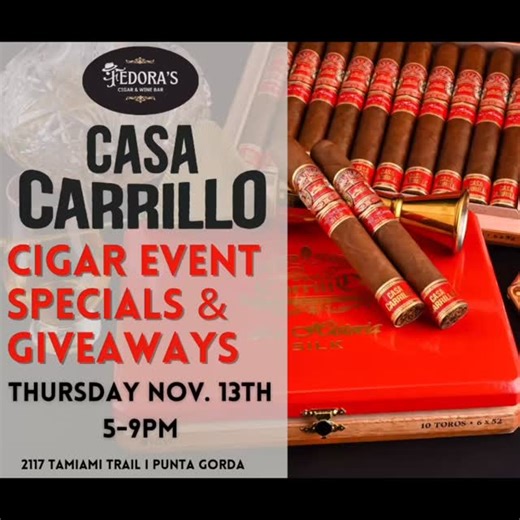 🍷💨 Wine Down, Sticks Up Wednesdays! 💨🍷 All day every Wednesday from 12–8 PM at Fedora’s Cigar & Wine Bar. 🔥 Casa Carrillo Cigar Event! This Thursday, 11/13 from 5–9pm, join us at Fedora’s for exclusive cigar deals, swag, and giveaways. This week’s featured pairing: 🔥@casacarrillocigars - Allegiance 🍇 giuliano rosati - Pinot Grigio Come relax, sip, and light up with us midweek! 🍷🔥#winepairing #winedownwednesday #wine #winebar #cigars #casacarrillo #giulianorosatiwine #cigarevent #cigarba