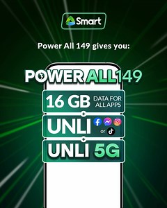 Sell more, stress less! 🛍✨ With Power All 149, enjoy 16GB open access data, FREE UNLI 5G, UNLI calls & texts for 7 days, plus 1GB bonus data for 1 day. Choose your bundle—UNLI Facebook, Messenger & Instagram or UNLI TikTok! Load now: smrt.ph/PowerAllOLS | Smart Communications, Inc.