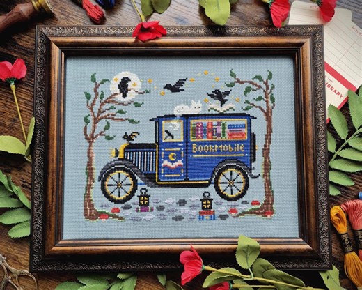 Midnight Bookmobile Cross Stitch Pattern, Vintage Car, Spooky, Ghost Cat, Books, Gothic, Crows, Haunted Library, Pattern Keeper, - Etsy Canada