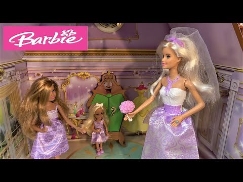 Barbie Wedding Dress Story in Princess Belle Castle with Ken and Barbie Sisters Chelsea and Stacie