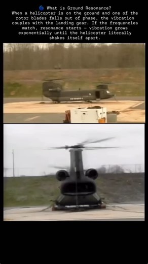 Airplane Technology on Instagram: "🛑 Can a helicopter destroy itself in 5–10 seconds? Yes — and it’s not a myth. It’s called **Ground Resonance**, and it’s one of the most dangerous phenomena in helicopter engineering. 👇 🌀 What is Ground Resonance? When a helicopter is on the ground and one of the rotor blades falls out of phase, the vibration couples with the landing gear. If the frequencies match, resonance starts — vibration grows exponentially until the helicopter literally shakes itself 