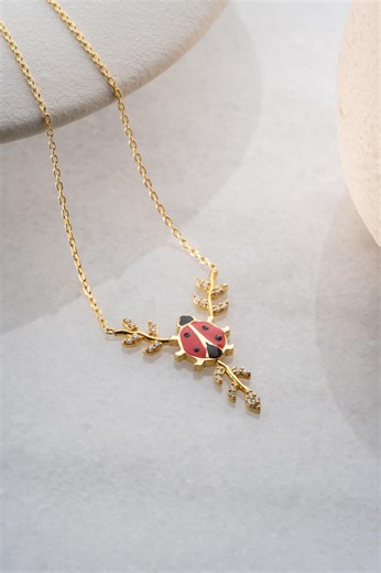 Ladybug Necklace, Sterling Silver Gold Plated Lucky Charm Nature Inspired Dainty Jewelry Gift Women