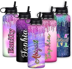 Newcos Custom Girls Water Bottles for School Personalized Water Bottles Insulated Kids Sports Water Bottles for School with Straw, Customized 18oz Water Bottle with Name for Kids Women Men