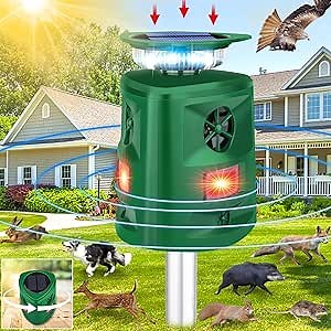 Ultrasonic Animal Repeller Outdoor,360° Solar Animal Repeller,Cat Repellent Outdoor with Motion Sensor & Flashing Light,Waterproof Raccoon Repellent for Repelling Deer,Raccoon,Rabbit,Squirrels,Birds
