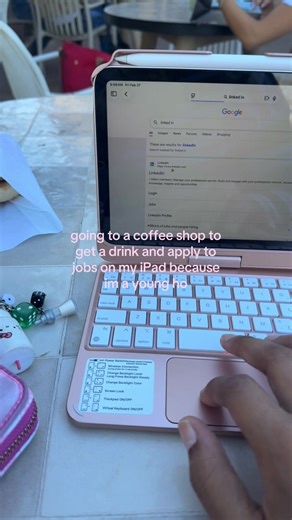 Rose gold laptop, accessories aestheticly laid out on the table, unnecessary drink, and too many laptop stickers is peak young ho behavior #fyp