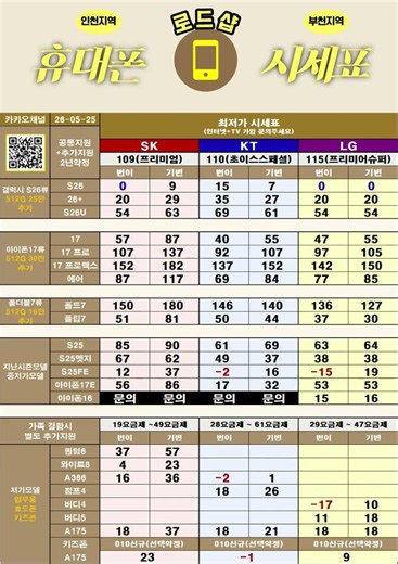 오늘의 시세표 입니다 (05-25) #성지 #휴대폰성지 #무료폰 #자급제 #공기계 #중고폰