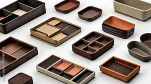 A variety of leather-bound trays and boxes, perfect for organizing small items, are displayed on a white background