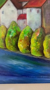 Peinture acrylique originale | Paysage de maison expressif 12 x 16 avec toits rouges - Etsy France